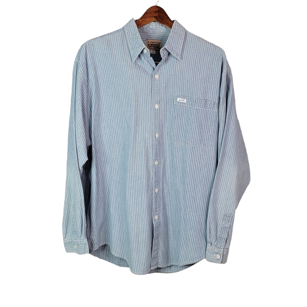 Guess Western Wear Vintage 80's 90's Pinstripe Button Down Collard Shirt Men's L